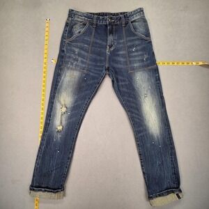 SLV Jeans Mens Blue Medium Wash Tapered Selvedge Distressed Stains Fits 30x30